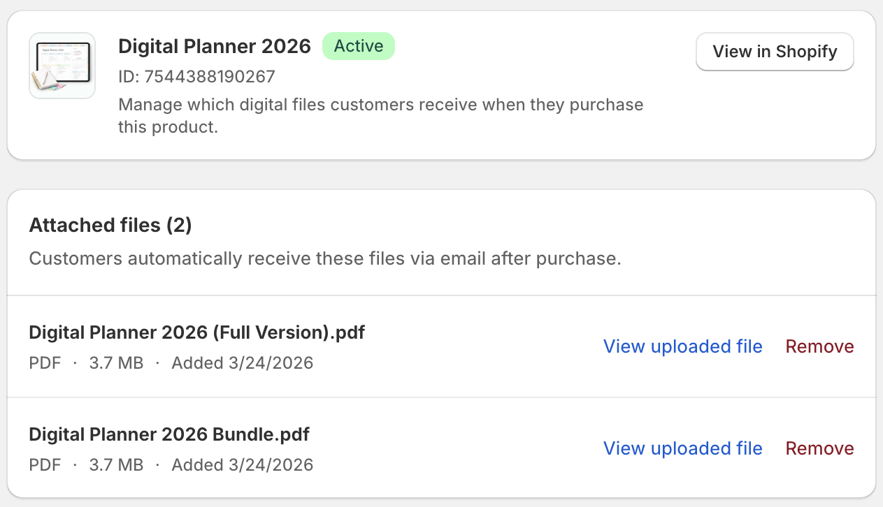 Attaching files to a Shopify product in Granted Assets