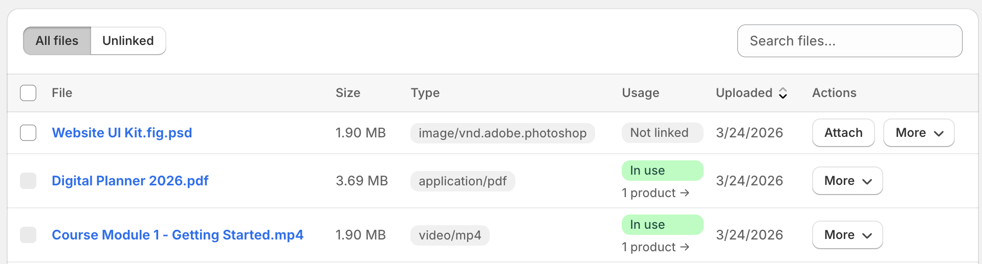 File management screen in Granted Assets